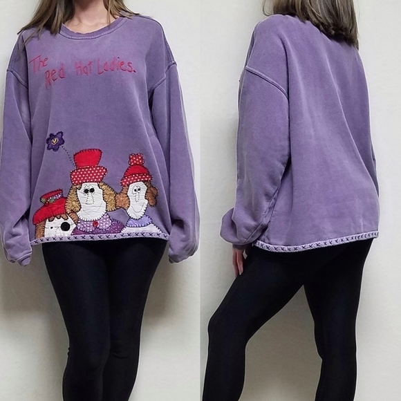 VINTAGE The Red Hat Ladies OOAK Handmade Stone Wash Purple Embroidery Sweatshirt - Picture 1 of 12